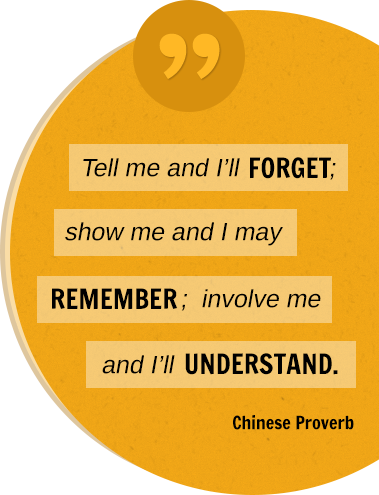 Tell me and I'll FORGET; show me and I may REMEMBER; involve me and I'll UNDERSTAND. Chinese Proverb